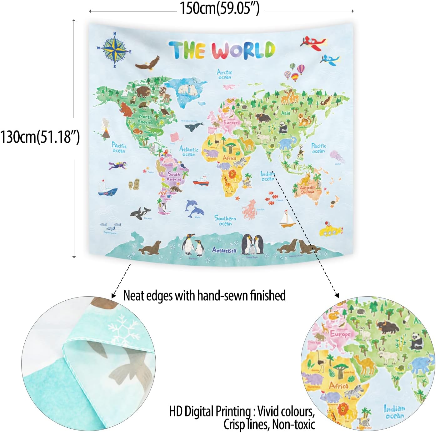 Kids World Map Wall Tapestry E - Kids Education Room avaliação e preço
